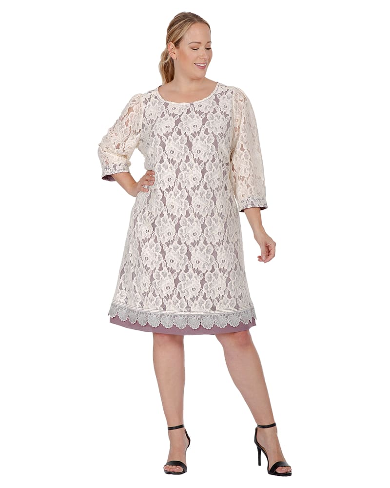 Front of a model wearing a size L Marina Lace Boat Neck Midi Dress in Beige by Standards & Practices. | dia_product_style_image_id:280834